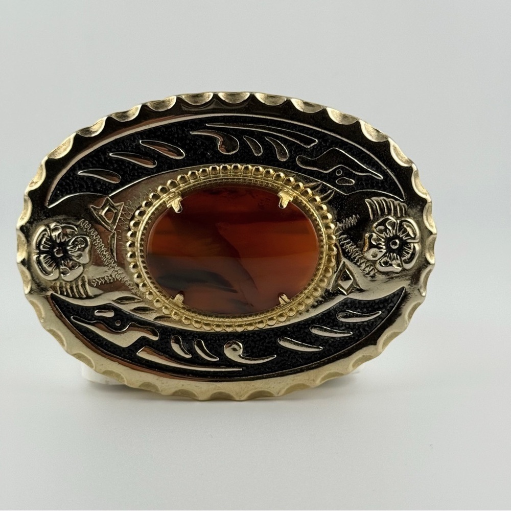 Western Oval Agate Stone Belt Buckle Gold Tone Black Enamel Cowboy Vintage Style